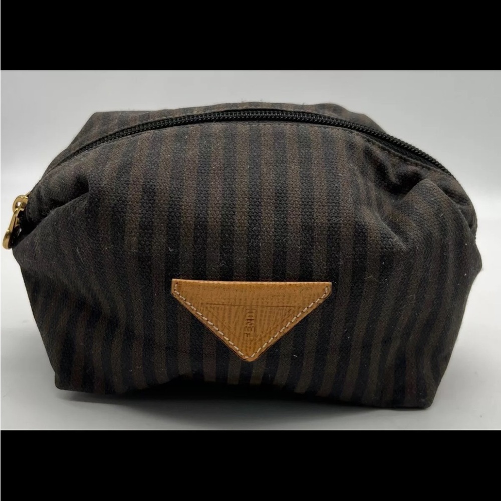 Fendi Black brown stripe Small Canvas zippered makeup Pouch